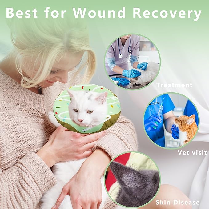 Cat Cone Collar Soft, Adjustable Cat Recovery Collar Kitten Cones to Stop Licking, Cute Donut E Collar After Surgery, Cats Neck Pillow Cone Elizabethan Cones of Shame (Waterproof Green, Large)-PawvioPets