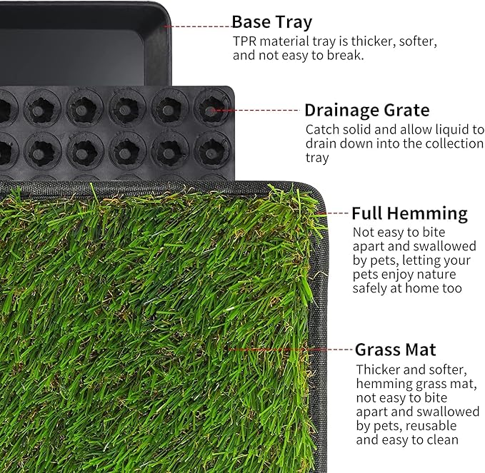 Dog Grass Pad with Tray(40×27.5 inch), Large XL Reusable 3-Layer Dog Pee Potty Grass Pads, Easy to Clean Artificial Fake Grass for Indoor Outdoor and Balcony (2 Pcs Grass Pad+Drainage Grate+Tray)-PawvioPets