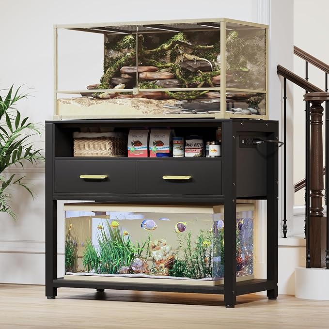 40-50 Gallon Fish Tank Stand with Power Outlet & 2 Storage Drawers, Heavy Duty Metal Frame Aquarium Stand with Waterproof Mat, 36.6" L*19.1" W Tabletop, 800LBS Capacity, Black-PawvioPets