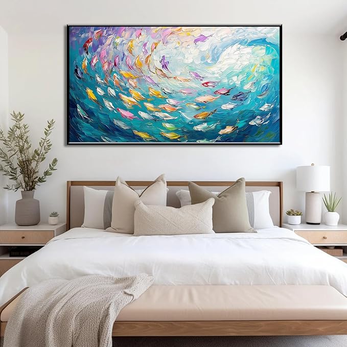 Fish Canvas Wall Art, Abstract School of Fish Canvas Wall Art, Ocean Picture Print, Sea Life Print Decor, Nautical Painting, Living Room, Bedroom, Bathroom Decor (Black Framed, 36"x20" | 92x52cm)-PawvioPets