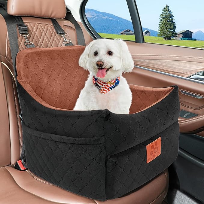 Dog Car Seat for Small/Medium Dogs, Dog Booster Car Seats with Thick Cushion for Dogs Under 35lbs, Detachable Washable Pet Car Seat with Storage Pockets, 2 Safety Belts(Black/Brown)-PawvioPets