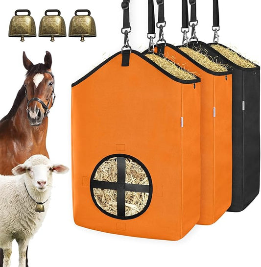 3 PCS Goat Hay Feeder,Hay Bags for Horses,Goats,Donkeys with Reinforced Oxford Fabric and High Strength Metal Clasp,Horse Feeding Supplies with Adjustable Strap for Easy Hanging (2Orange+1Black)-PawvioPets