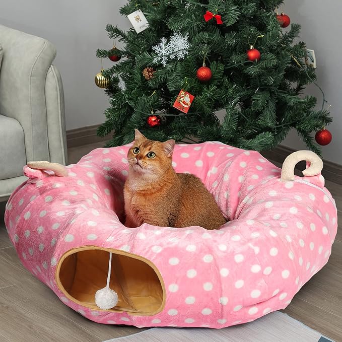AUOON Cute Cat Donut Tunnel - Round Cat Tunnel Bed with Washable Cushion Interactive Cat Toy for Indoor Cats Kitten Kitty Puppy Rabbit Ferret (Pink)-PawvioPets