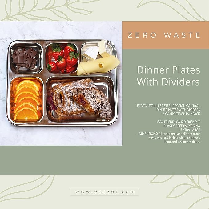 Extra Large Premium Stainless Steel Dinner Plates, 5 Compartments, Set of 2 | Eco Friendly Dinnerwear for Camping, Portion Control, Meal Prep, Lunch, and Party-PawvioPets