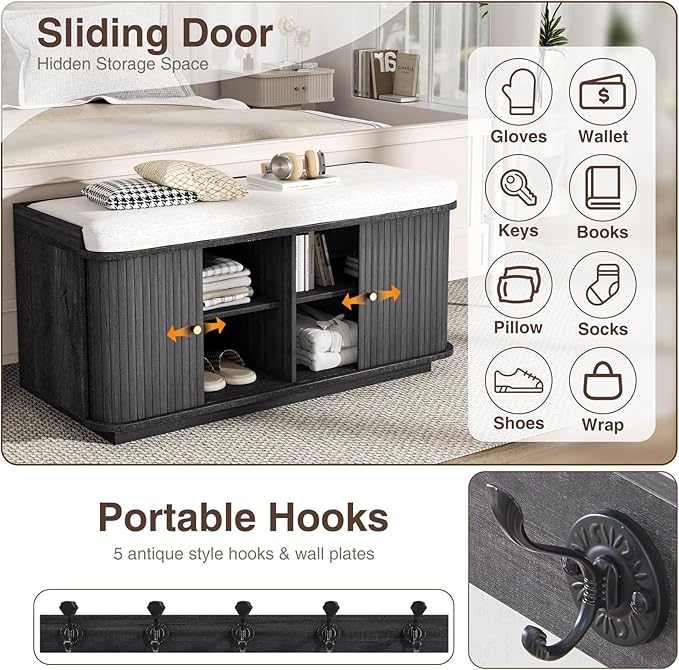 Dark Grey 39.4" W 2-Tier Shoe Bench with Storage | Entryway Bench with Padded Cushion, Sliding Doors & 5 Hooks-PawvioPets