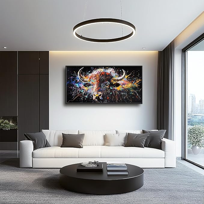 Framed Large Bison Buffalo Wall Art for Living Room, Oversized Graffiti Yak Cow Wall Decor Banksy Bull Canvas Painting Animal Pictures Modern Artwork for Living Room Bedroom Office 60"x30"-PawvioPets