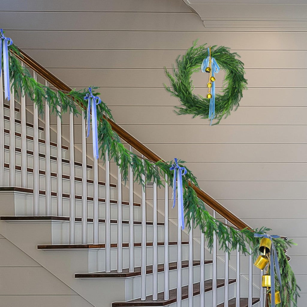 Jutom Christmas Norfolk Pine Garland Realistic Artificial Faux Greenery Cedar Garland for Mantle Holiday Indoor Outdoor Fireplace Winter Christmas Decorations(2 Pcs,9 Feet)