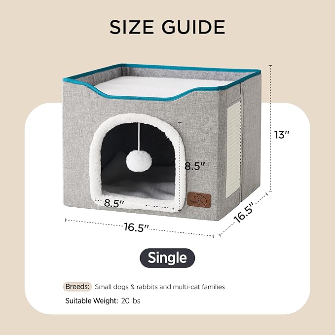 Bedsure Cat Beds for Indoor Cats - Large Cat Cave for Pet Cat House with Fluffy Ball Hanging and Scratch Pad, Foldable Cat Hideaway, 16.5x16.5x13 inches, Grey-PawvioPets