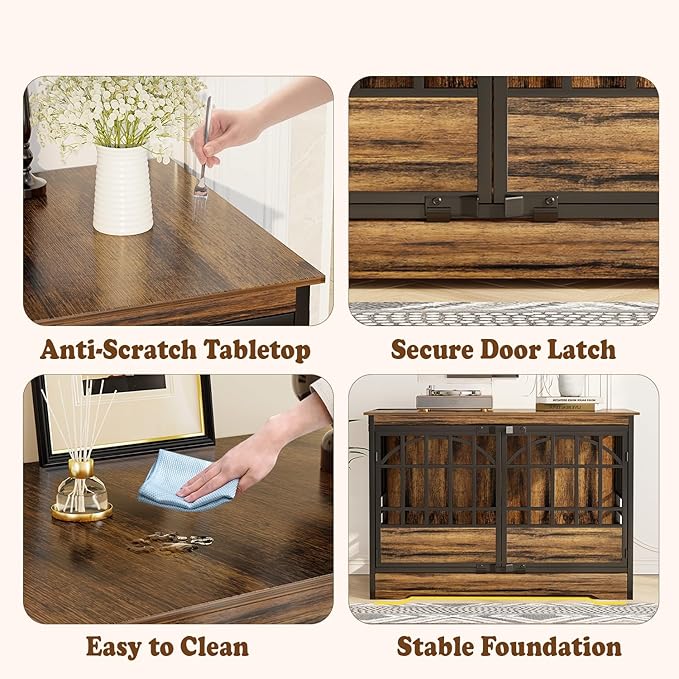 COZPAW 52 Inch Dog Crate Furniture, Extra Large Dog Kennel Indoor for XLarge Breed, Heavy Duty Dog Cage with Double Elegant Arched Doors, Decorate as TV Stand & End Table-Retro Brown-PawvioPets