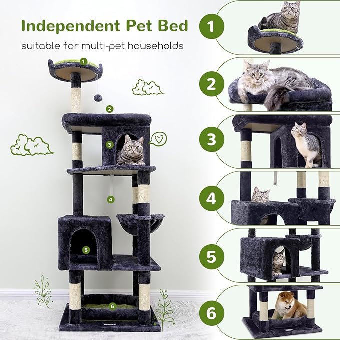 Globlazer Heavy Duty Cat Trees for Large Cats, Sturdy 72in Maine Coon Cat Tree for Large Cats 20 lbs+ Heavy Duty Cat Tower for Adult Biggest Cat with 6 Scratching Posts, Hammock, S72, Dark Gray-PawvioPets