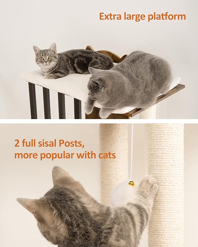 FourFurPets 43.8in 3-Tier Modern Cat Tree Tower Condo, Cat Scratch Posts for Indoor Cats, Big Plate, Two 19.7in Full Sisal Scratching Posts, Rustic Brown-PawvioPets