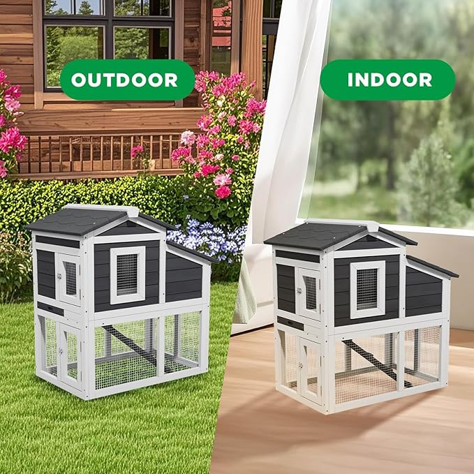 2 Story Rabbit Cage, Weatherproof Rabbit Hutch Indoor & Outdoor, Wooden Guinea Pig Cages with Removable Tray Openable Roof for Small to Medium Animals-PawvioPets