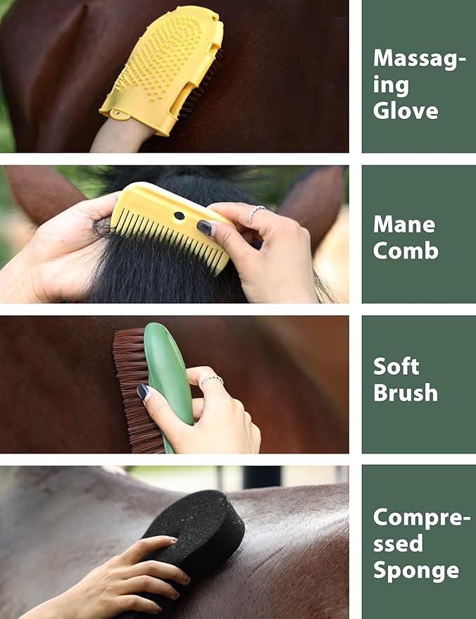 11PCS Horse Grooming Kit Curry Comb Sweat Scraper Horse Bathing Supplies Grooming Tools with Storage Bag Pasture Glow-PawvioPets