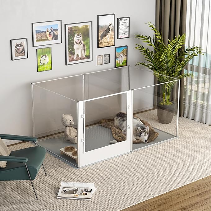 Dog Clear Playpen Fence Kennel: 32" Extra Tall Puppy Birthing Enclosure with Waterproof Fertility Pad - 64"x43" Pet Heavy Duty Play Pin Corral with Transparent View and Lockable Door for Dogs Bunny-PawvioPets