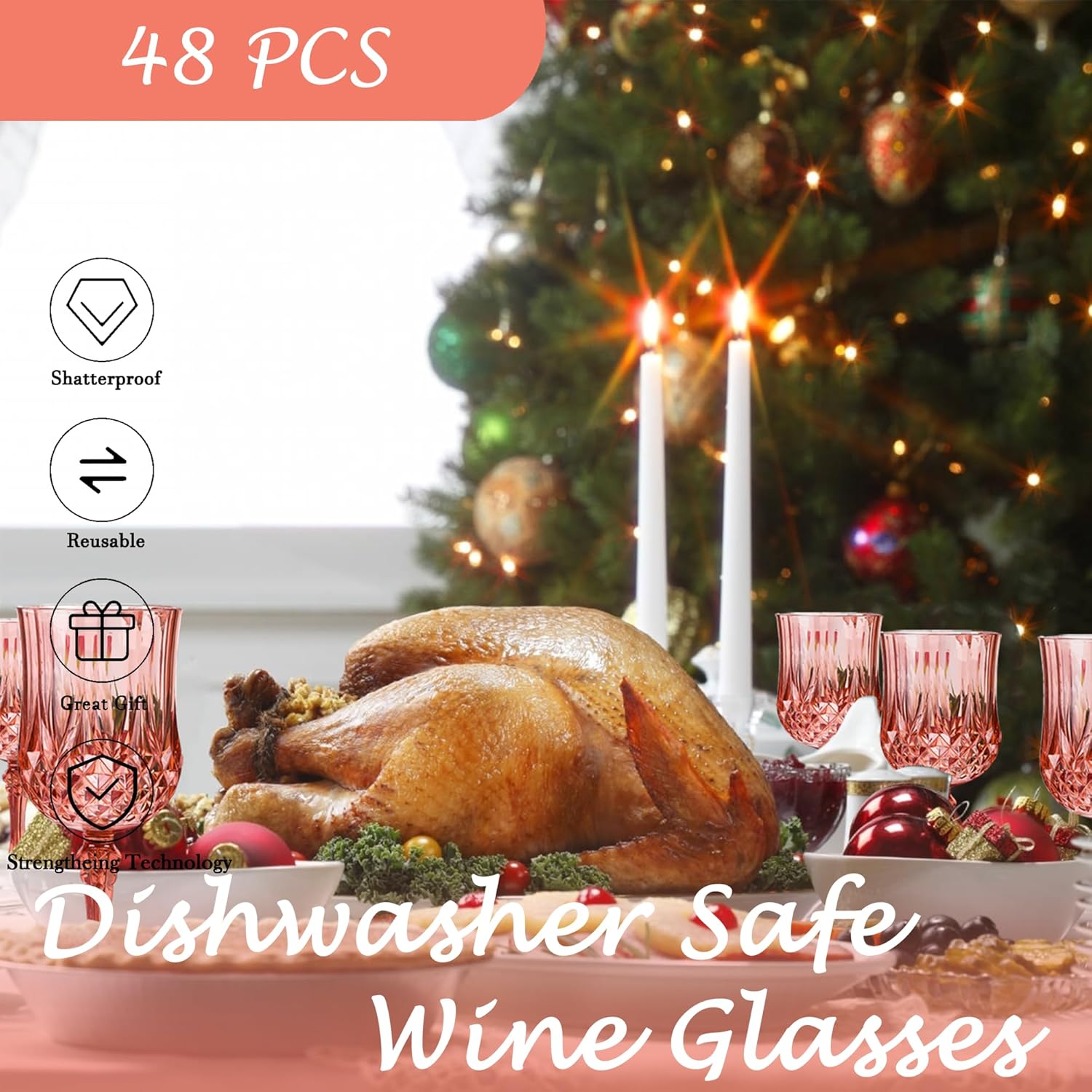 Plastic Wine Glasses，Plastic Goblets Vintage Style Cordial Drinking Glasses for Wedding Reception, Grand Event Party Supplies (48, Rose Gold)