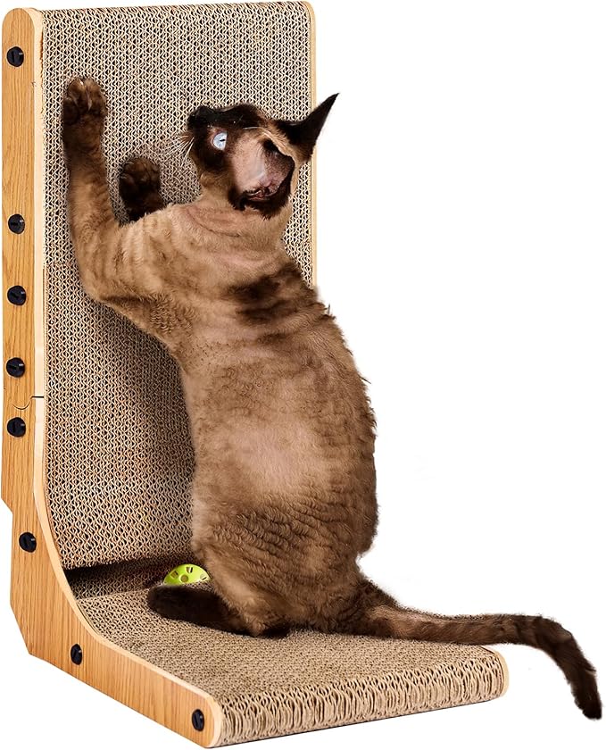 EHEYCIGA Cardboard Cat Scratcher for Indoor Kitten Cats, 19 Inch L Shaped Vertical Cat Scratching Board with Ball Cat Toy, Small Cat Scratcher Pad, Brown-PawvioPets