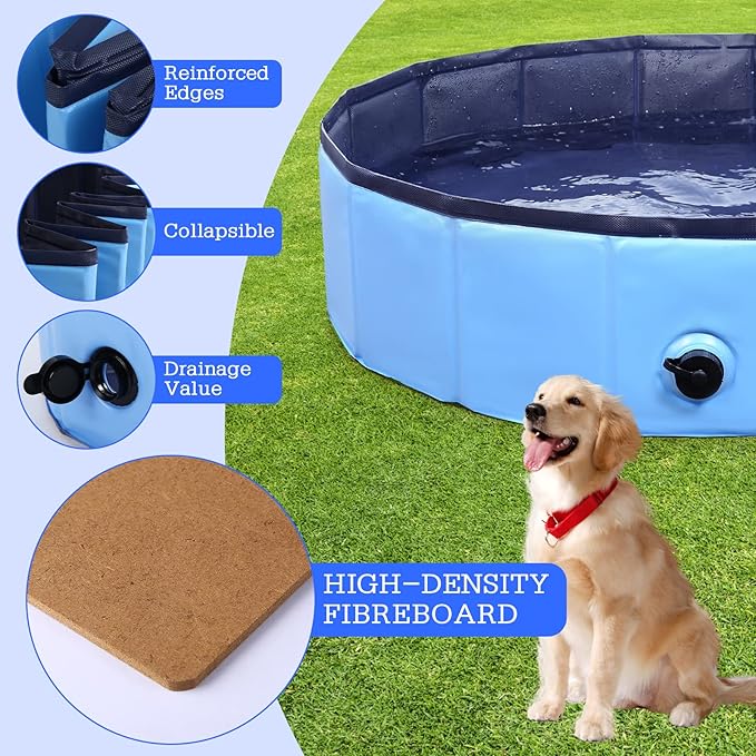 Foldable Dog Bath Swimming Pool Plastic Kiddie Pool Professional Tub Collapsible Grooming Bathtub for Pets Kids Baby and Toddler, 32 x 8 Inches Blue-PawvioPets