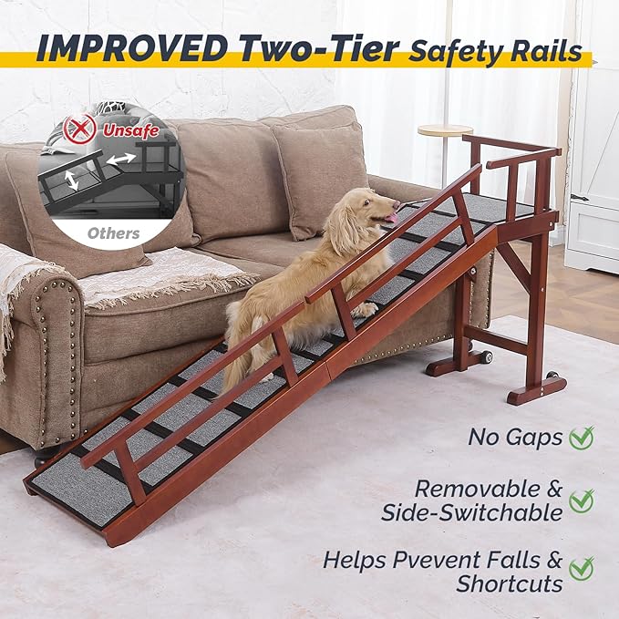 Dog Ramp for Bed or Couch, Wooden Pet Ramp with 20° Gentle Slope, Removable Side Rails, Non-Slip Surface, Top Platform & Wheels, Safe Bed Ramp for Small, Medium & Senior Dogs, 74" Long, Mahogany-PawvioPets