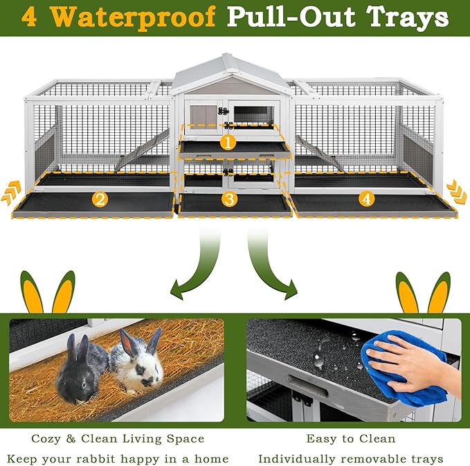 Double Rabbit Hutch Outdoor Indoor Large Bunny Cage with Dual Side Runs, 2-Story Wooden Hutch with 4 Leak Proof Trays, 8 Wheels, Waterproof Roof, Ramp, for Small to Medium Animals-PawvioPets