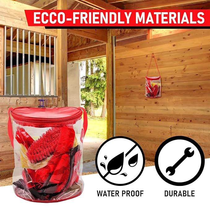 9 Pieces Horse Grooming Kit Tack Room Supplies Set with Organizer Tote Bag, Oval Massage Curry, Hard and Soft Brush, Hoof Pick, Sweat Scraper, Bathing Sponge, Combs for Horse Riders Beginners (Red)-PawvioPets