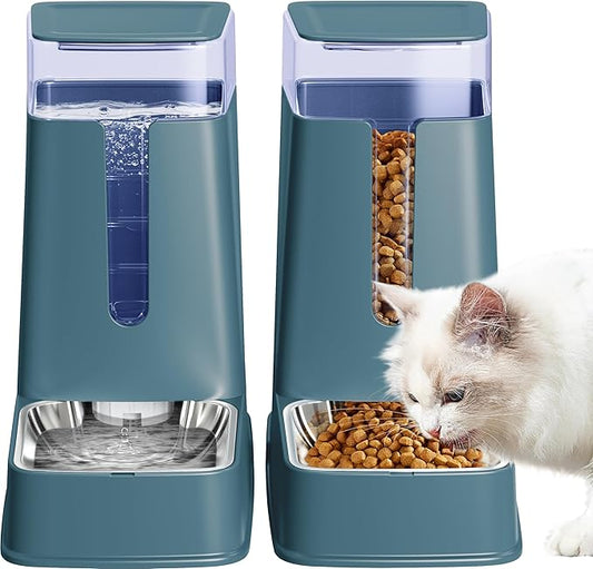 Automatic Cat Feeder and Cat Water Dispenser Set with Stainless Steel Bowls Gravity Dog Feeder for Small Medium Big Dog Pets Puppy Kitten, 3.8L x 2 (Cyan)-PawvioPets