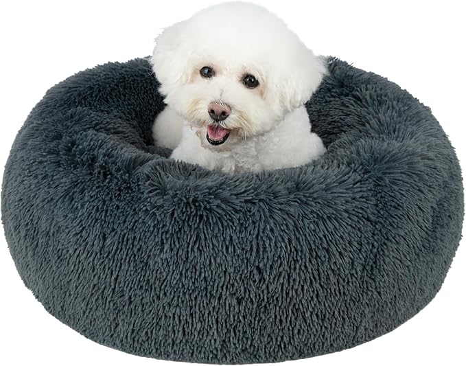 Best Pet Supplies Round Donut Dog Bed with Plush Faux Fur Fabric, Calming, Anti-Anxiety Cushion for Indoor Pets, Slip-Resistant Base, Soft Ergonomic Support - Gray, 24x24x7''-PawvioPets