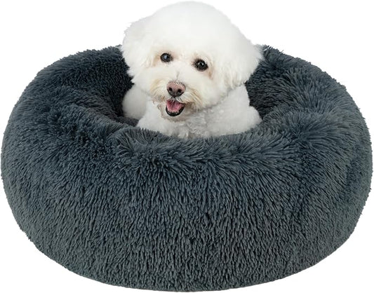 Best Pet Supplies Round Donut Dog Bed with Plush Faux Fur Fabric, Calming, Anti-Anxiety Cushion for Indoor Pets, Slip-Resistant Base, Soft Ergonomic Support - Gray, 24x24x7''-PawvioPets