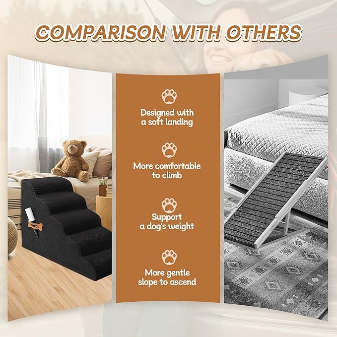 Dog Stairs, Romrol Dog Steps Ramp for High Bed and Couch, Dogs Ramp with Durable Non-Slip Waterproof Fabric Cover, Pet Stairs for Small Dogs and Cats or Pets Joints, 4-TiersBlack-PawvioPets