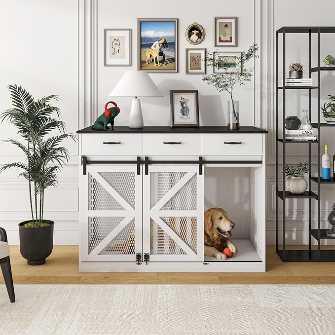 48'' Dog Crate Furniture with Divider&Storage Drawers, Wooden Double Dog Kennel Furniture End Table with Sliding Barn Doors, White Double Dog Crate TV Stand-PawvioPets