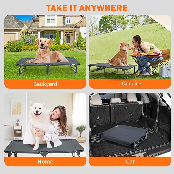 Elevated Dog Bed for Large Pet with No-Slip Feet, Foldable Portable Washable Raised Bed for Indoor&Outdoor Camping Dog Cot, with Cooling Waterproof Breathable Mesh (Large, Black-Textilene)-PawvioPets