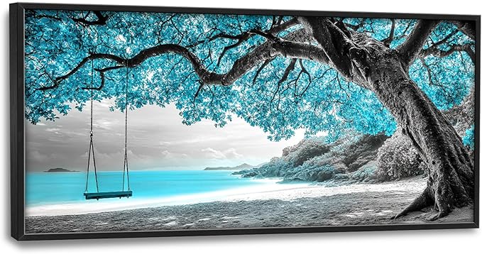 Extra Large Framed Abstract Tree Wall Art,Black and White Tree of Life Wall Decor,Blue Teal Sea Pictures for Living Room,Canvas Print Painting Modern Artwork Bedroom Office Bathroom 60L x 30W-PawvioPets