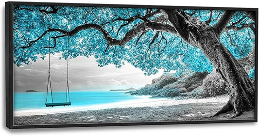 Extra Large Framed Abstract Tree Wall Art,Black and White Tree of Life Wall Decor,Blue Teal Sea Pictures for Living Room,Canvas Print Painting Modern Artwork Bedroom Office Bathroom 60L x 30W-PawvioPets