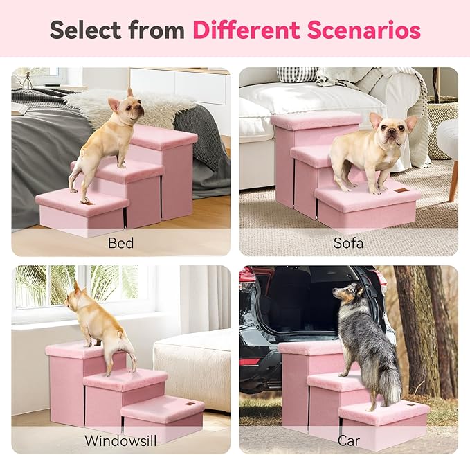 Dog Stairs with Furry Lids 18" H, 3-Step Wider Dog Steps with Storage for Small/Medium/Large Dogs Cats, Folding Sturdy Pet Stairs Climbing Bed or Sofa, Ramp for Car Hold Up to 200 lbs, Pink-PawvioPets