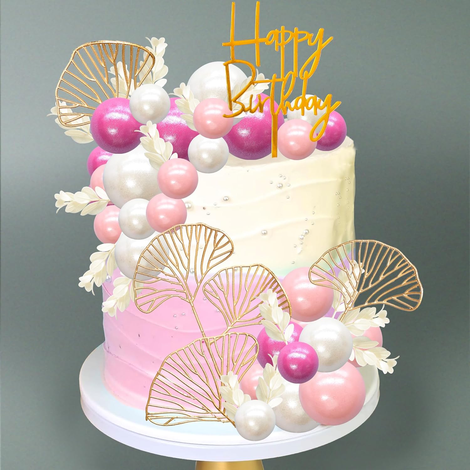 Gyufise 57Pcs Balls Cake Topper Boho Grass Cake topper Pearl Balls Acrylic Happy Birthday Cake Decorations for Wedding Baby Shower Birthday Boho Themed Party Supplies Rose Red