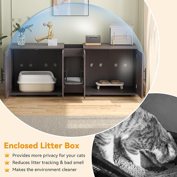 Gaomon Litter Box Enclosure with Double Room,Cat Hidden Litter Box Enclosure Furniture for 2 Cats with Double Room, 55”L x 17.7”W x 22.5”H Cat House,Wooden Enclosed Cat Litter Box Furniture,Walnut-PawvioPets
