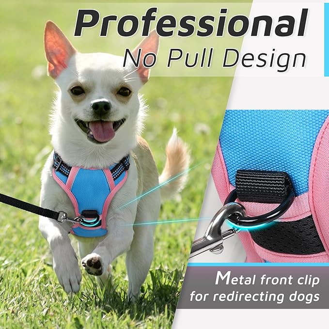 Eagloo Small Dog Harness No Pull, Service Vest with Reflective Strips and Control Handle, Adjustable and Comfortable for Walking, No Choke Pet Harness with 2 Metal Rings, Pink & Blue, XS-PawvioPets