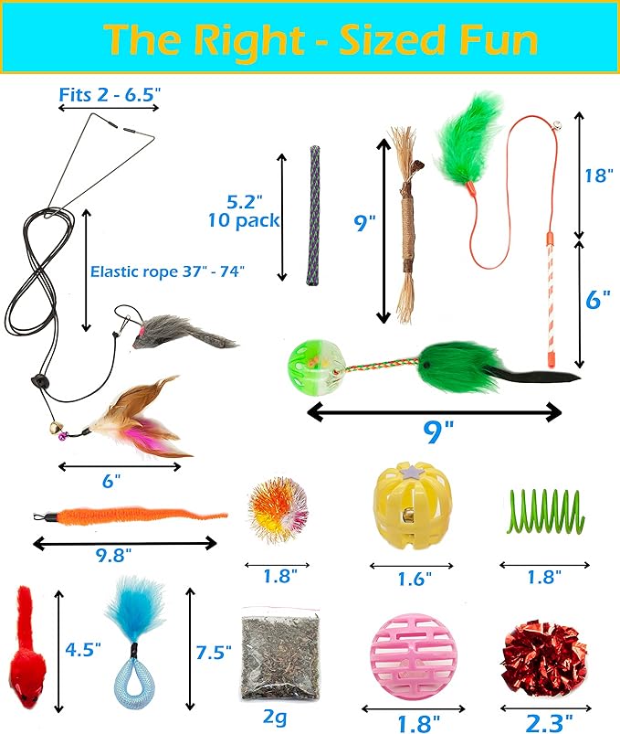 Fashion's Talk Cat Toys 50 Pcs for Indoor Cats,Interactive Door Hanging Mice Feather Toy Cat Spring Toy Cat Wand Catnip Crinkle Balls Silvervine Sticks Balls Kitten Toys Bulk-PawvioPets
