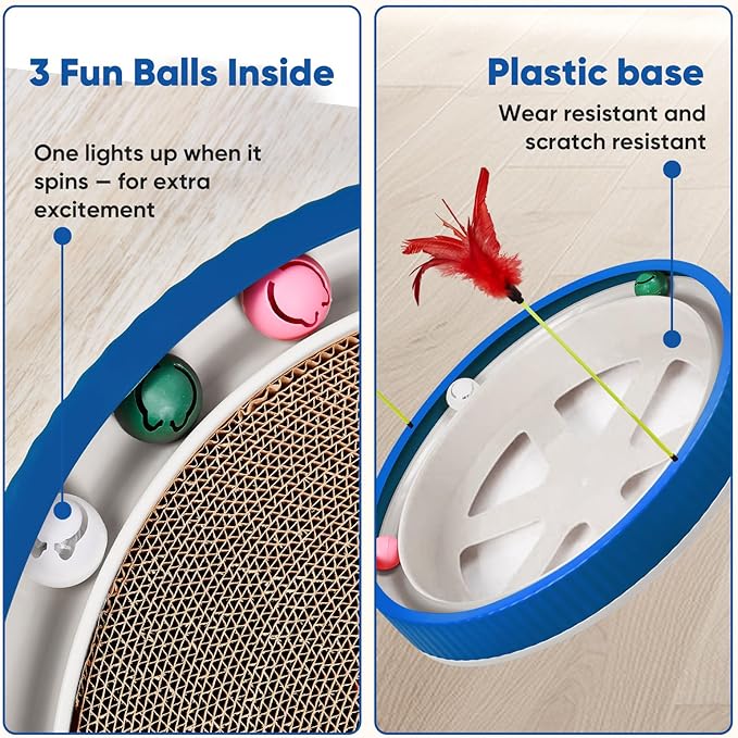 20-Inch Round Cat Scratcher with Ball Track – 3-in-1 Cardboard Scratching Pad with Feather Toy & Non-Slip Base – Interactive Cat Toy for Indoor Cats, Kittens & Large Cats (Blue)-PawvioPets