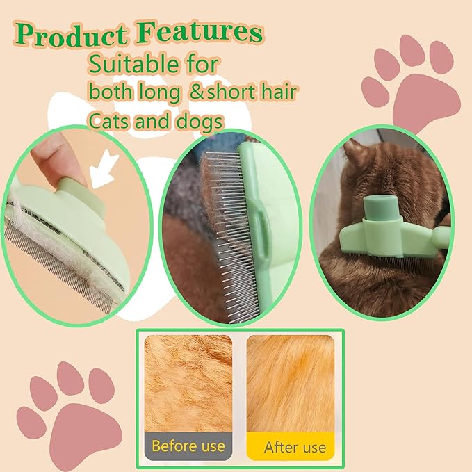Cat Comb Dog Comb Pet Hair Removal Tool Flea Comb for Cats and Dog Lice Comb Cat Brush with Release Button Self-Cleaning with Long & Short Stainless Steel Metal Teeth for Shedding-PawvioPets