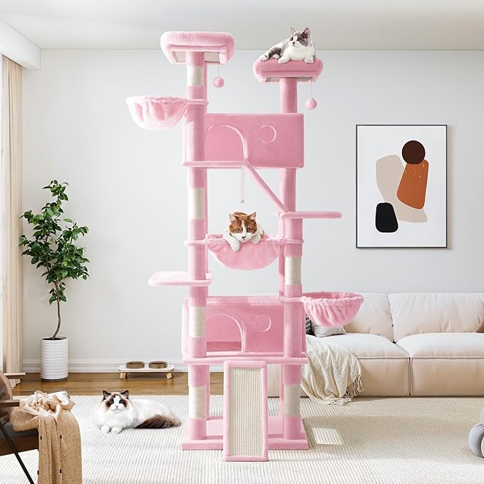 Allewie 81 Inches Tall Cat Tree/Multi-Level Large Climbing Tree House and Towers for Big Feline/Condo and Hammock/Scratching Post/Wide Base/Pink-PawvioPets