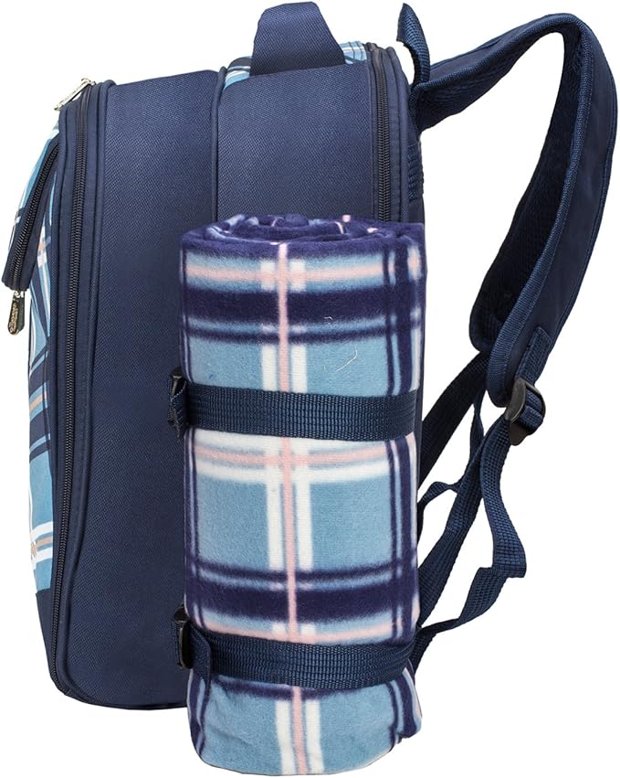 Apollo Walker Picnic Backpack Bag for 2 Person with Cooler Compartment, Detachable Bottle/Wine Holder, Fleece Blanket, Plates and Cutlery (Blue)-PawvioPets