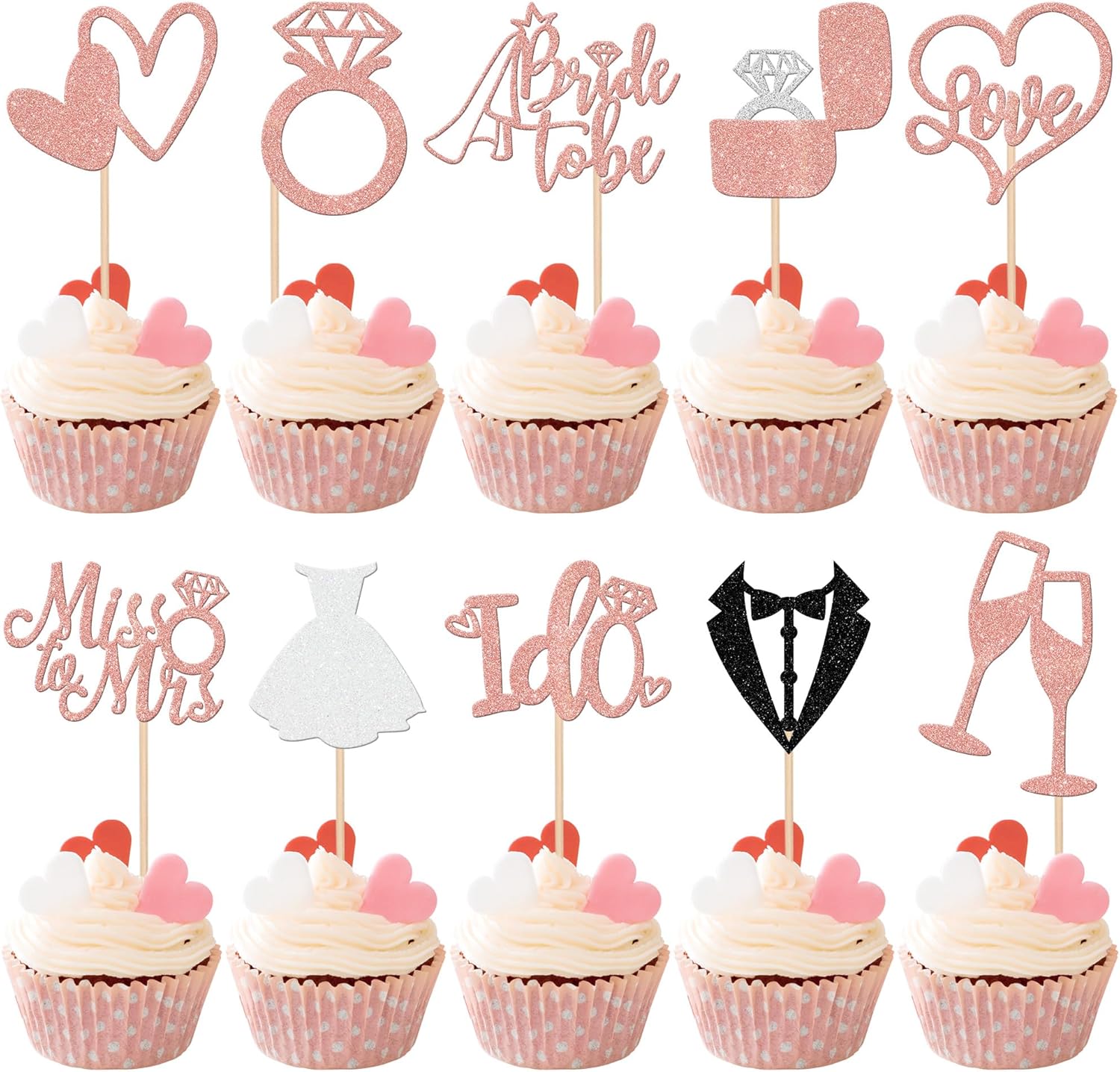 30 PCS Bride to Be Cupcake Toppers Glitter Miss to Mrs I Do Love Heart Ring Cupcake Picks Wedding Bridal Shower Cake Decorations for Wedding Engagement Bachelorette Party Supplies Rose Gold