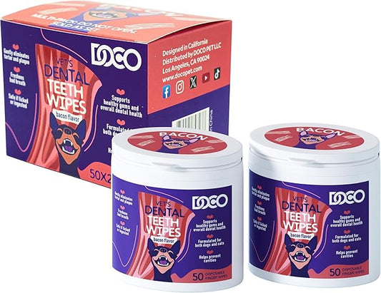 DOCO Dog Teeth Cleaning Wipes Dental Finger Wipes for Cats & Dogs Remove Plaque & Tartar, Freshen Breath, No Rinse, Easy & Effective Pet Tooth Cleaning Kit for Oral Care, Bacon Flavor, 100 Count-PawvioPets