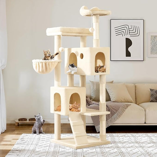 Allewie 64 Inches Cat Tree Tower/Multi-Level Activity Center for Indoor Big Felines/2 Plush Condos/2 Perchs/Basket/House/Sisal Scratching Posts/Hanging Cat Toys/Beige-PawvioPets