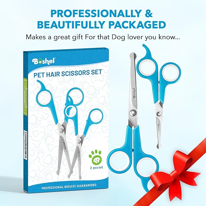 BOSHEL Dog Grooming Scissors for Dogs at Home (2 Pc) - Razor Sharp Stainless Steel Dog Scissors for Grooming - Professional Pet Scissor Set for Dogs & Cats - Best Pet Shears with Rounded Safety Tips-PawvioPets