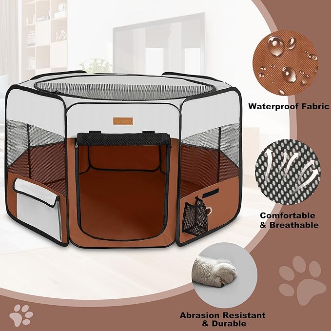 Dog Playpen, Portable Pet Play Pen for Cat, Puppies, Rabbits, Chickens, Foldable Large-Capacity Pet Tent for Indoor/Outdoor Travel Camping Brown-PawvioPets