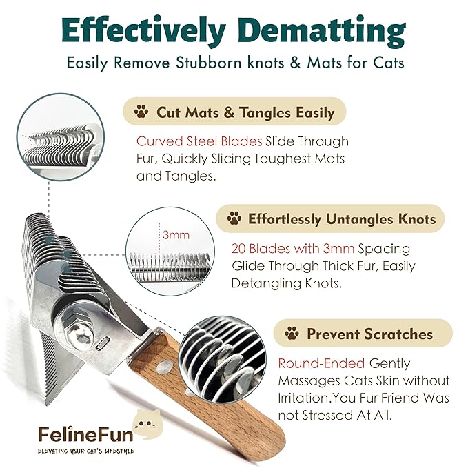 FelineFun Cat Brush for Dematting & Deshedding, 2 in 1 Undercoat Rake, Efficiently Remove Loose Hair & Matted Fur, Professional Shedding Comb for Indoor Cats & Long Haired Cats-PawvioPets