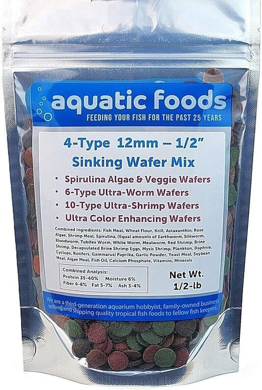 Aquatic Foods Inc. 4-Type Ultra Mix of 1/2" - 12mm Sinking Wafers, Spirulina-Algae, Worm, Shrimp, Intense Color Enhancing Wafers for Plecos, Shrimp, Snails, All Tropical Fish - 1/2-lb-PawvioPets