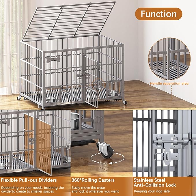 aboxoo 42/48 inch Heavy Duty Metal Dog Crate for 2 Dogs/Large Dog,All Metal Open Top,Dog Kennel Indoor with Wheels,Floor Grid, Tray, Divider and Feeding Bowl (Sliver)-PawvioPets