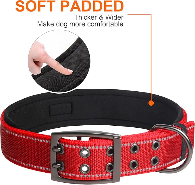 Fida Heavy Duty Dog Collar 1.5” Width, Ultra Soft Neoprene Padded, Adjustable Reflective Nylon Pet Collar with Two Metal Pin Belt Buckle for Large/X-Large Breeds (XL, Red)-PawvioPets